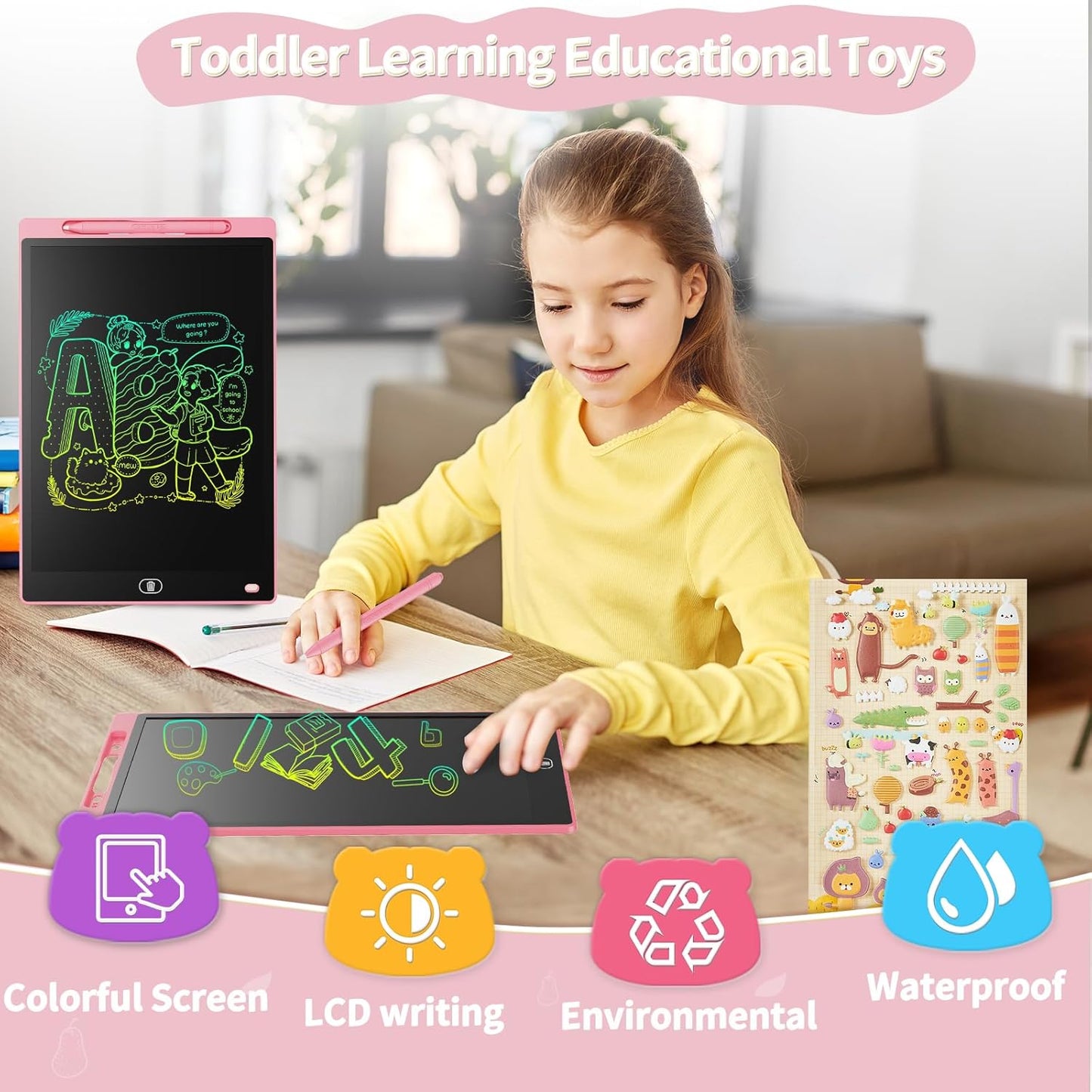 16-Inch LCD Writing and Drawing Tablet – Erasable Drawing Pad for Kids (Pink)