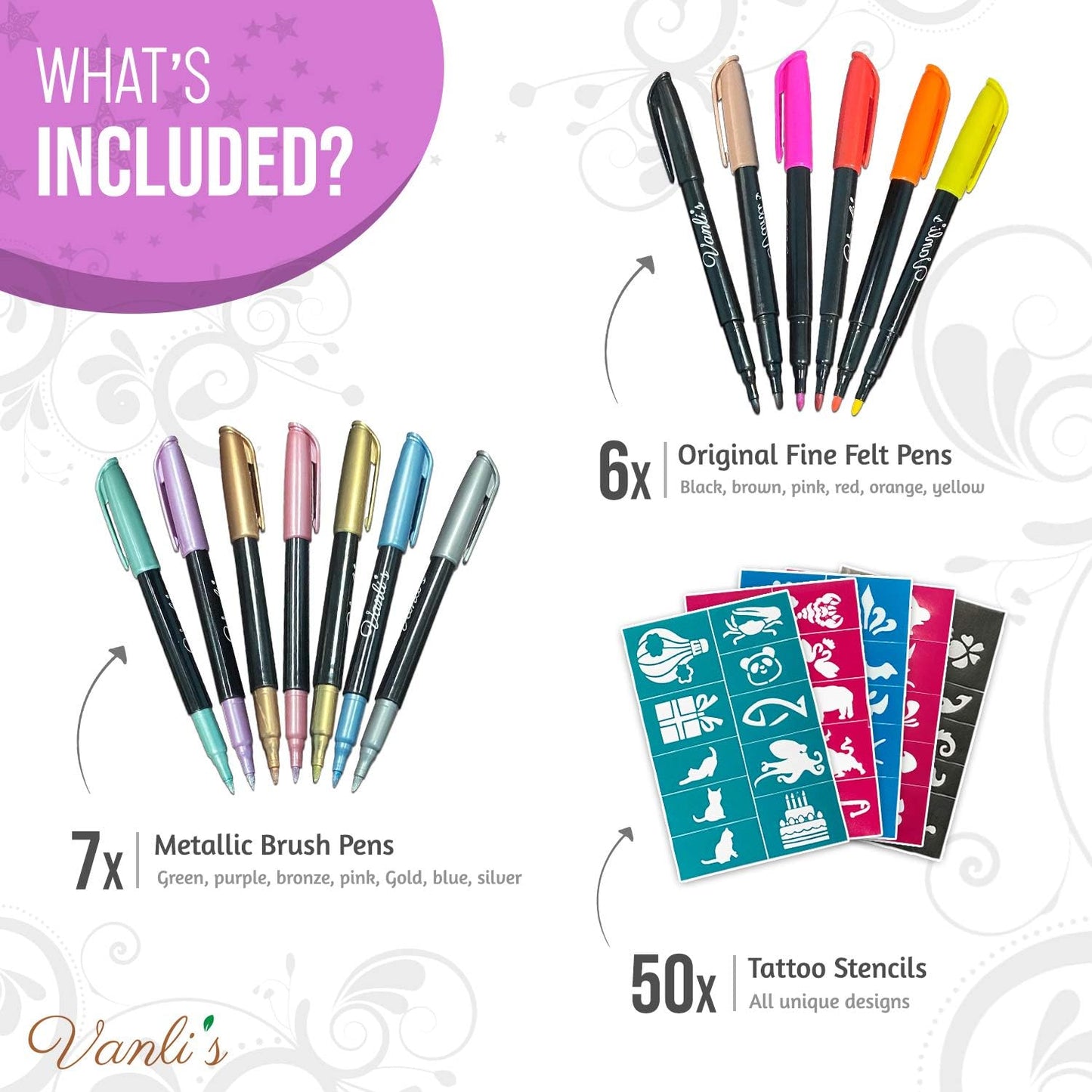 Vanlis Temporary Tattoo Markers: 13 Pens & 50 Stencils