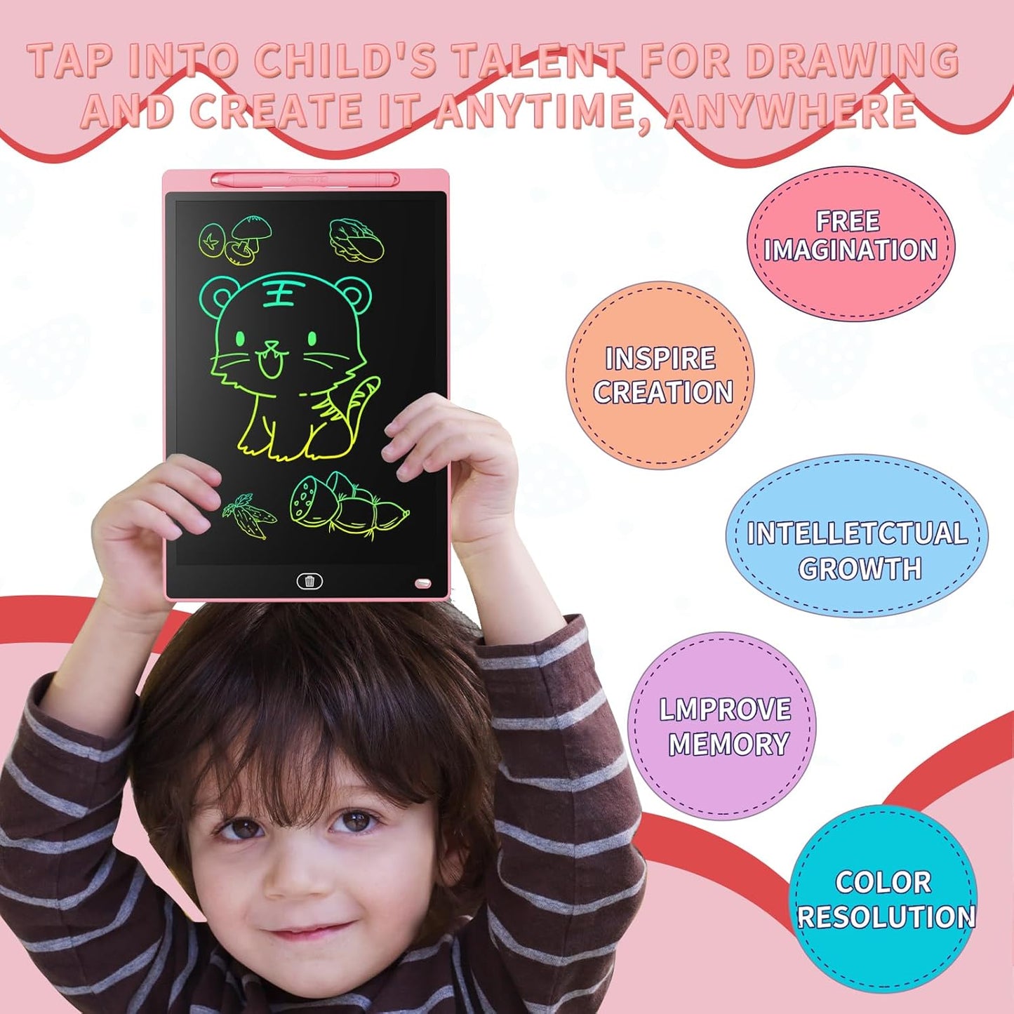 16-Inch LCD Writing and Drawing Tablet – Erasable Drawing Pad for Kids (Pink)