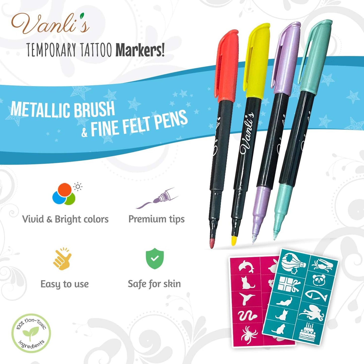 Vanlis Temporary Tattoo Markers: 13 Pens & 50 Stencils