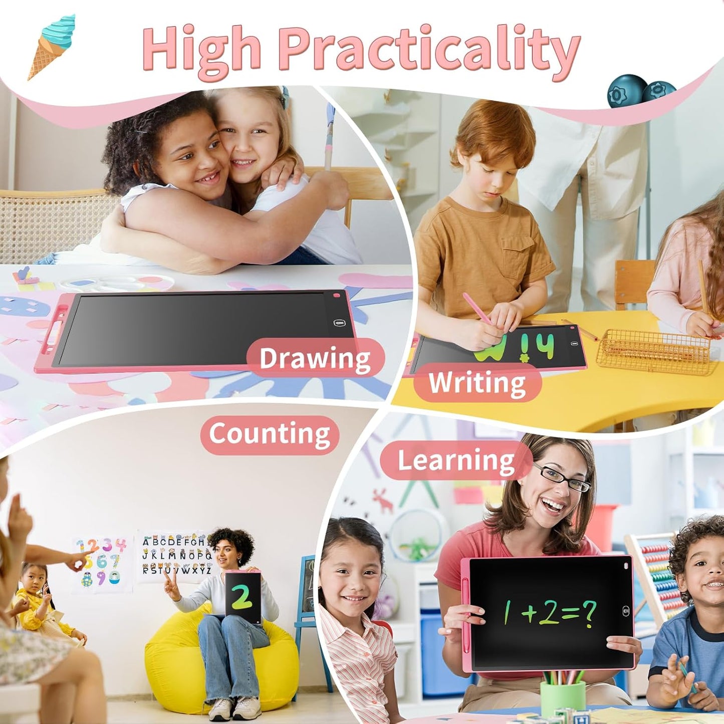 16-Inch LCD Writing and Drawing Tablet – Erasable Drawing Pad for Kids (Pink)