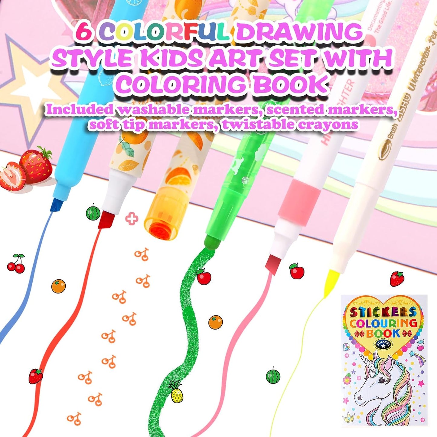 FruityFun 50 Pcs Scented Art Set with Unicorn Case for Girls