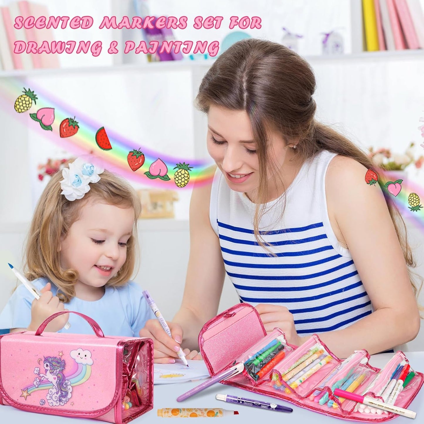 FruityFun 50 Pcs Scented Art Set with Unicorn Case for Girls