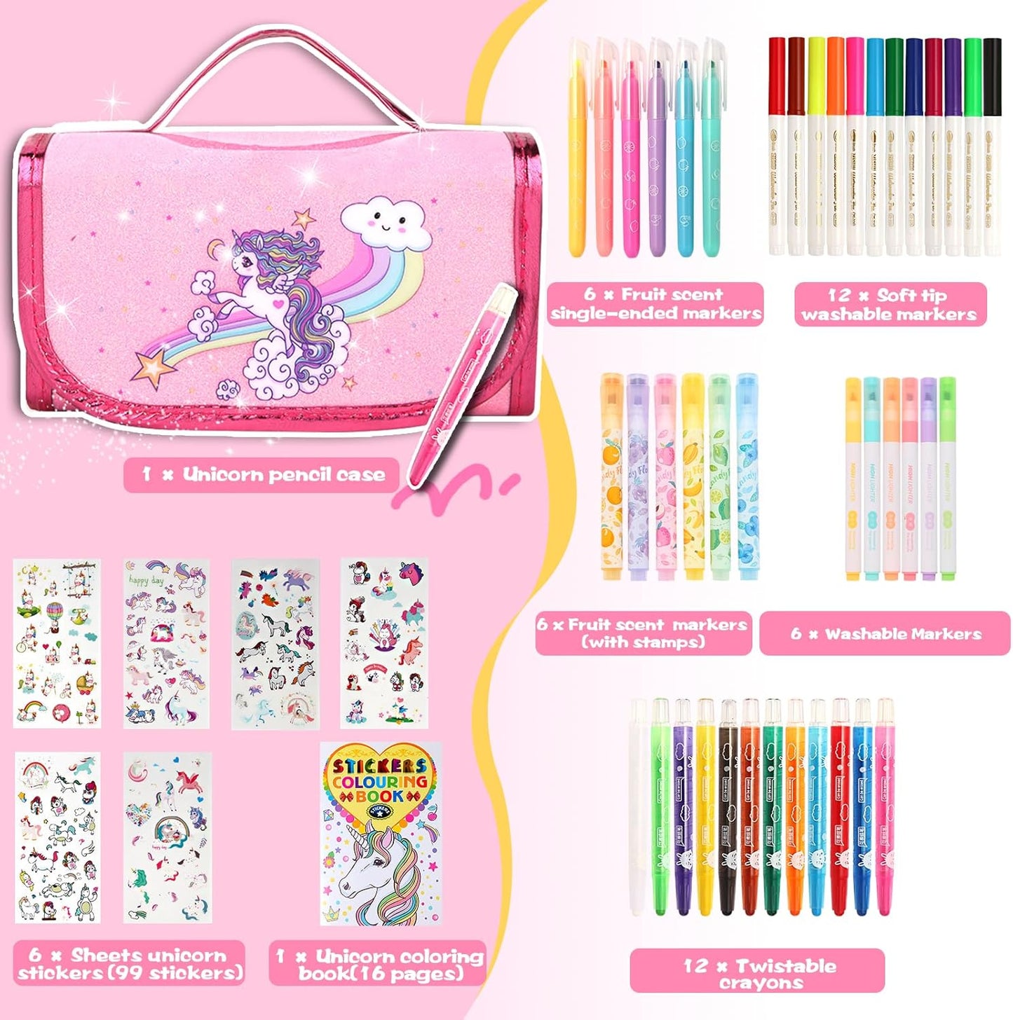 FruityFun 50 Pcs Scented Art Set with Unicorn Case for Girls