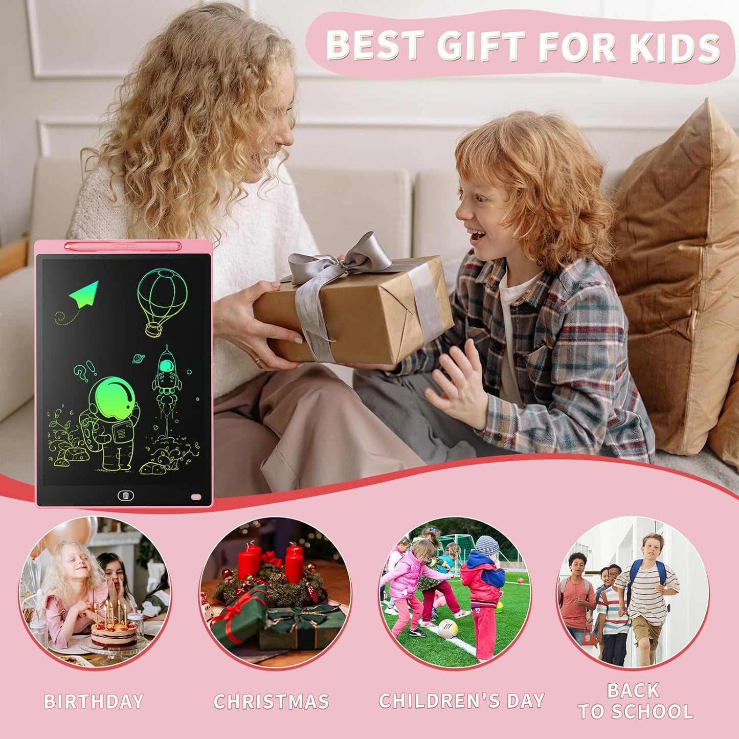 16-Inch LCD Writing and Drawing Tablet – Erasable Drawing Pad for Kids (Pink)