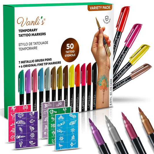Vanlis Temporary Tattoo Markers: 13 Pens & 50 Stencils