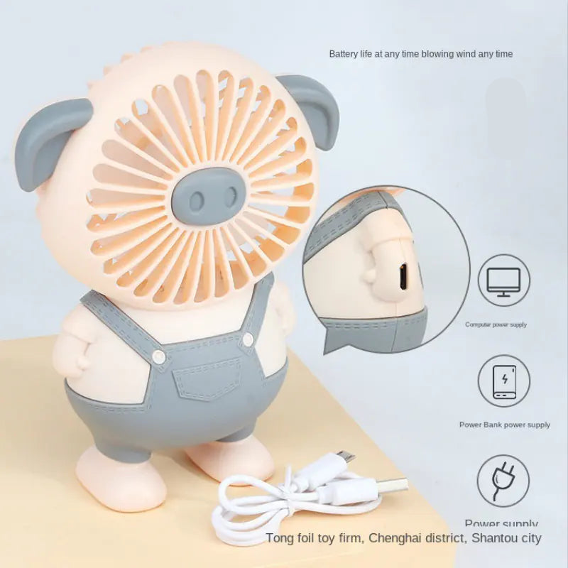 Cute Cartoon Mini Pig Fan with Light - USB Desk Fan