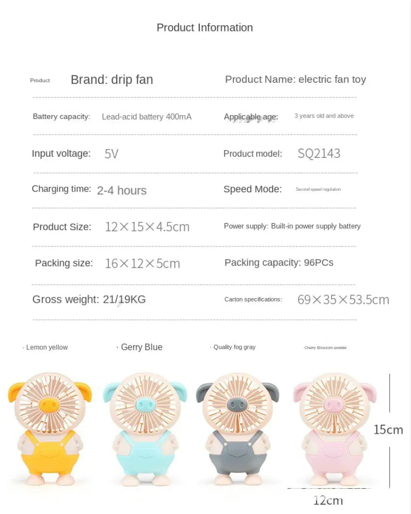 Cute Cartoon Mini Pig Fan with Light - USB Desk Fan