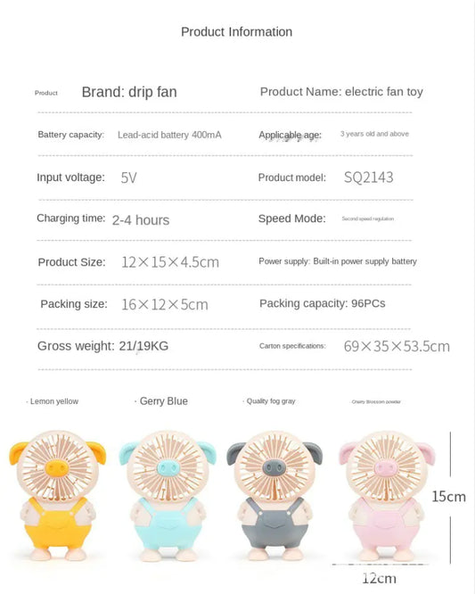 Cute Cartoon Mini Pig Fan with Light - USB Desk Fan